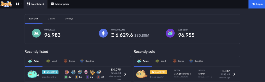 axie marketplace main dashboard