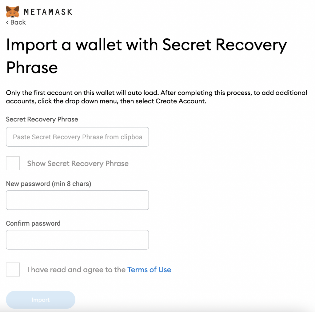 01 - import a wallet with secret recovery phrase metamask