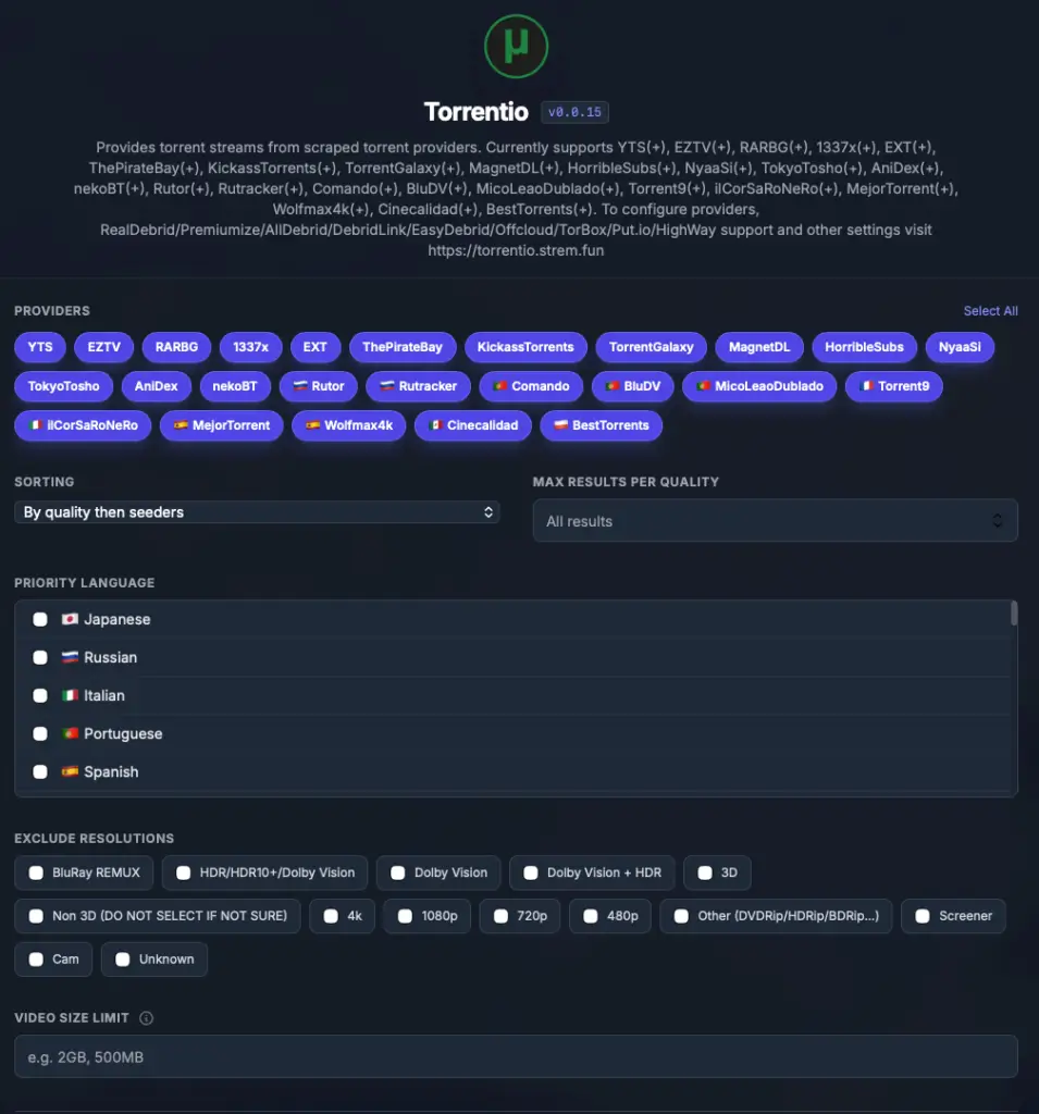 01 - open the torrentio nuvio configure page