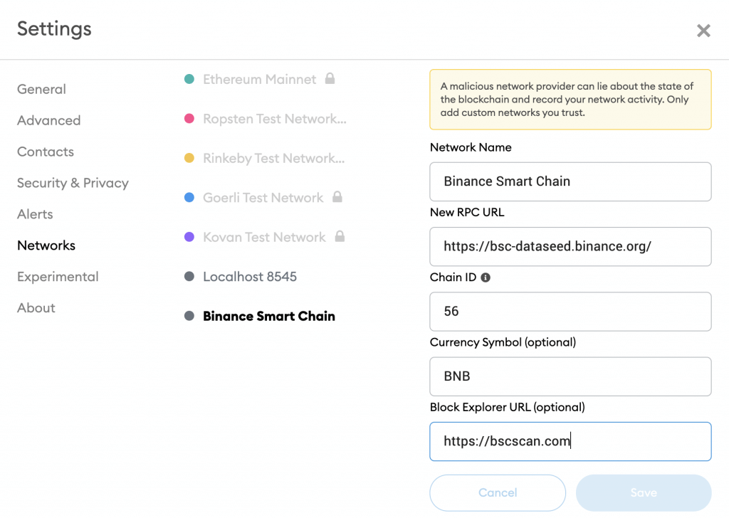send from binance to metamask network chain information