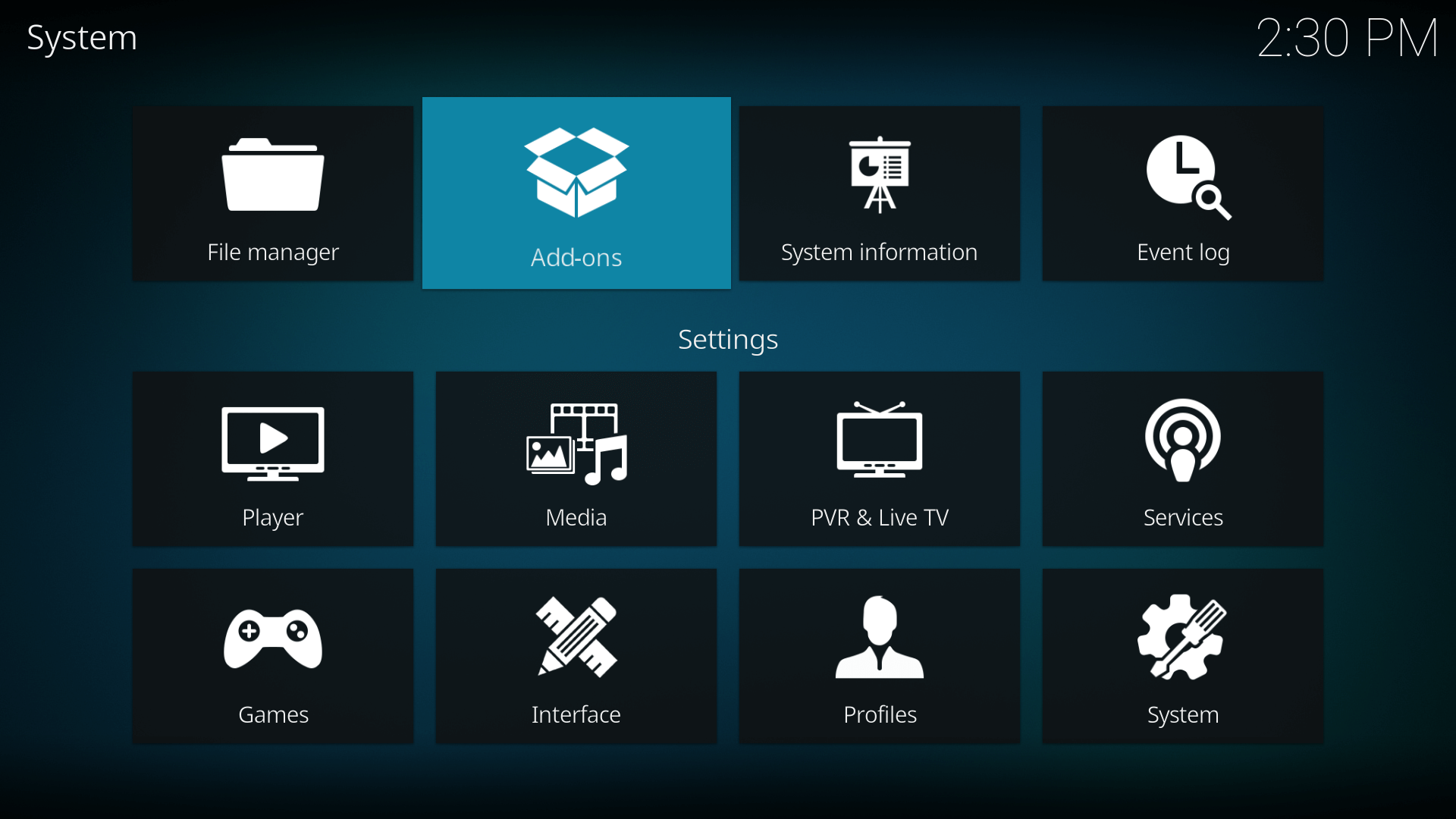 Pantalla de configuración del sistema Kodi