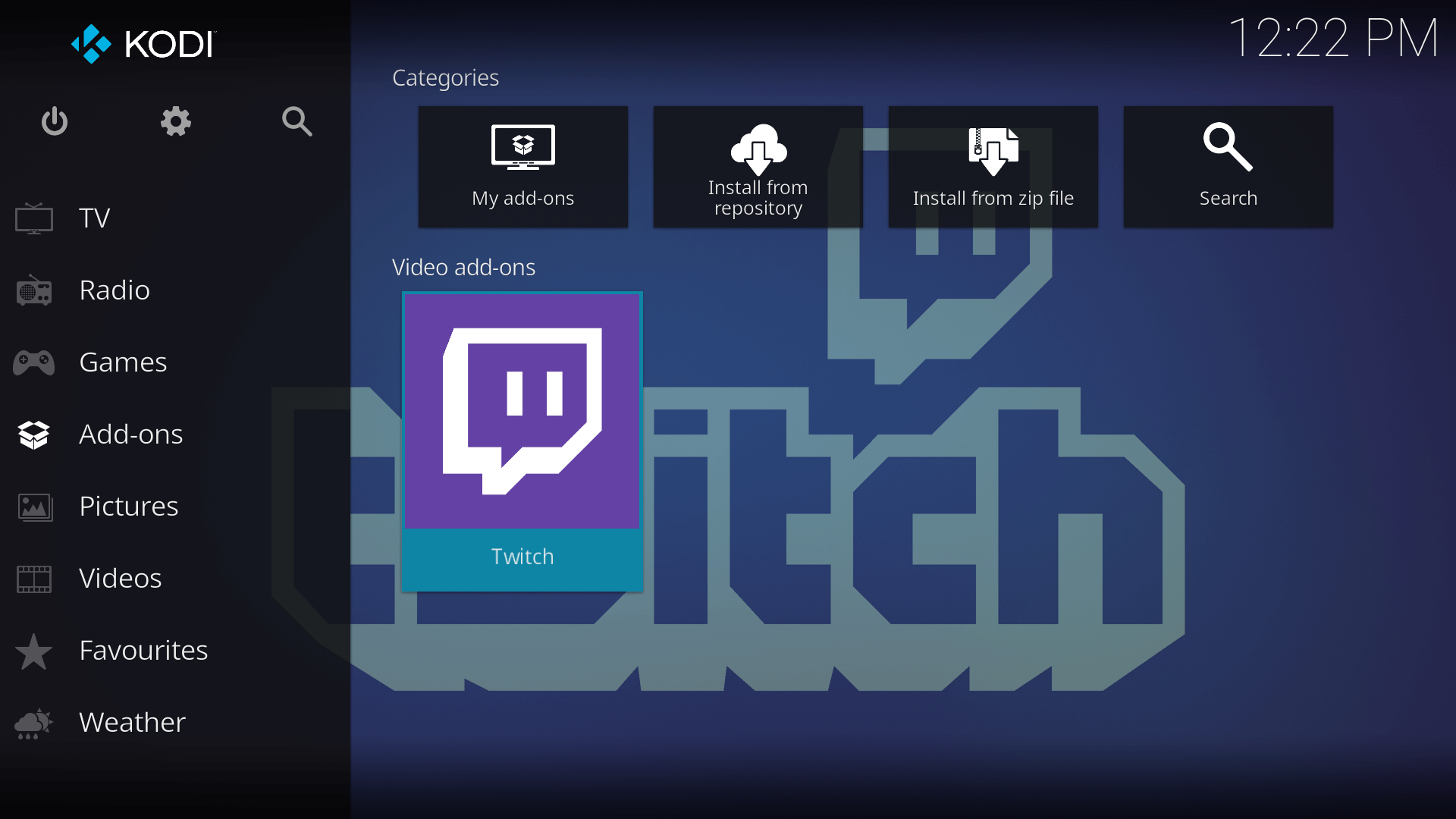 Página de inicio de Kodi Twitch