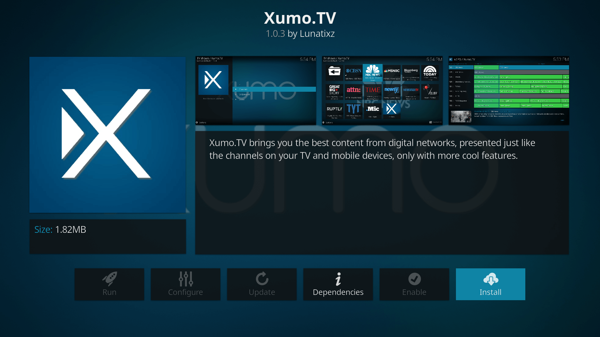 Kodi Xumo TV Install Screen