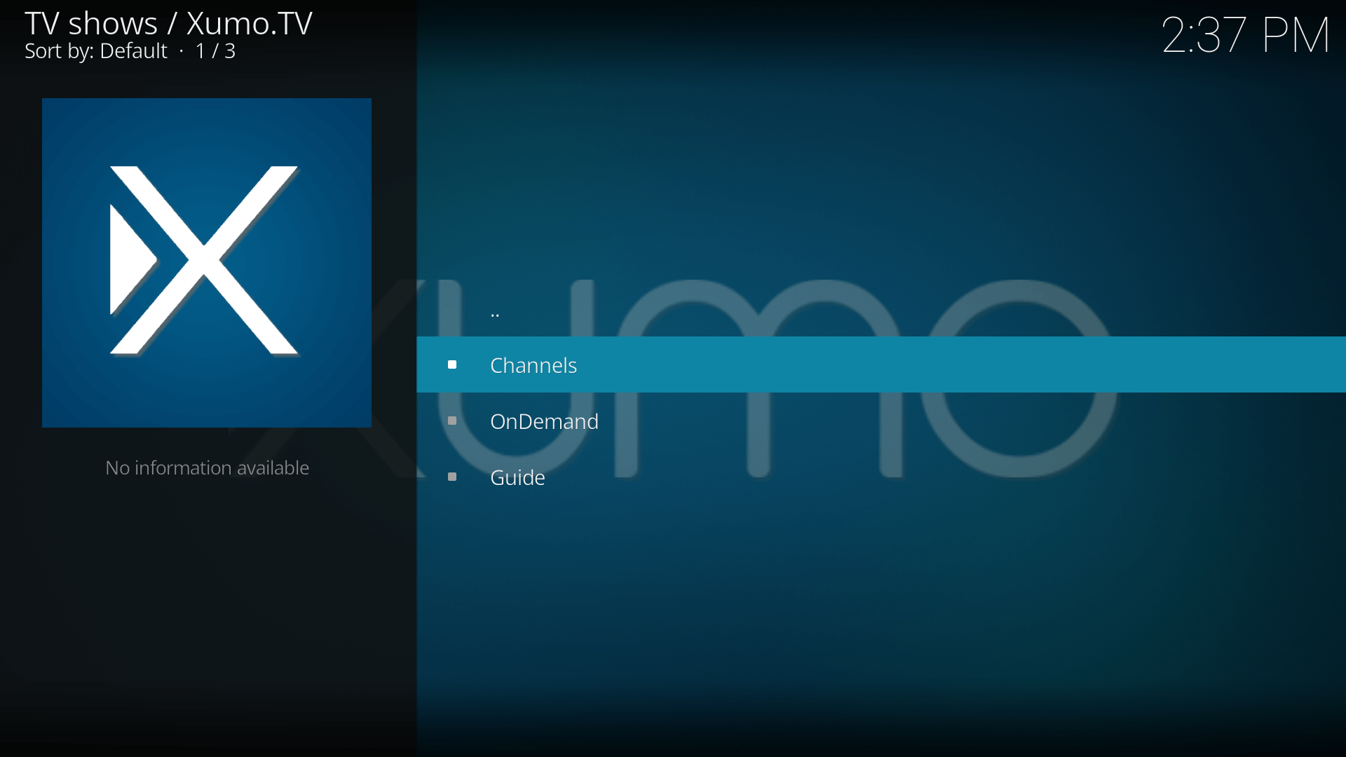 Kodi Xumo TV Main Screen