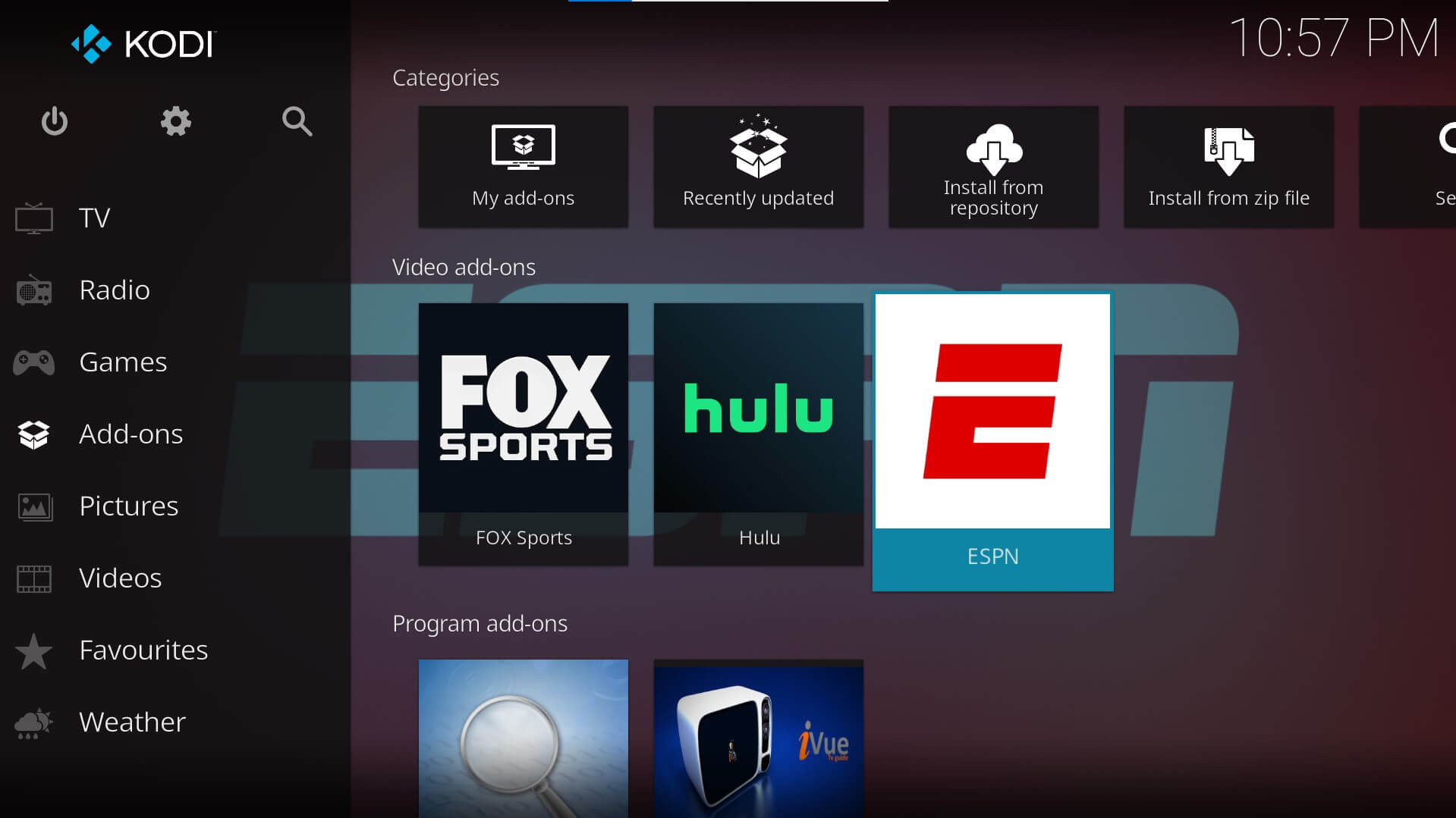 locate espn kodi addon in my addons