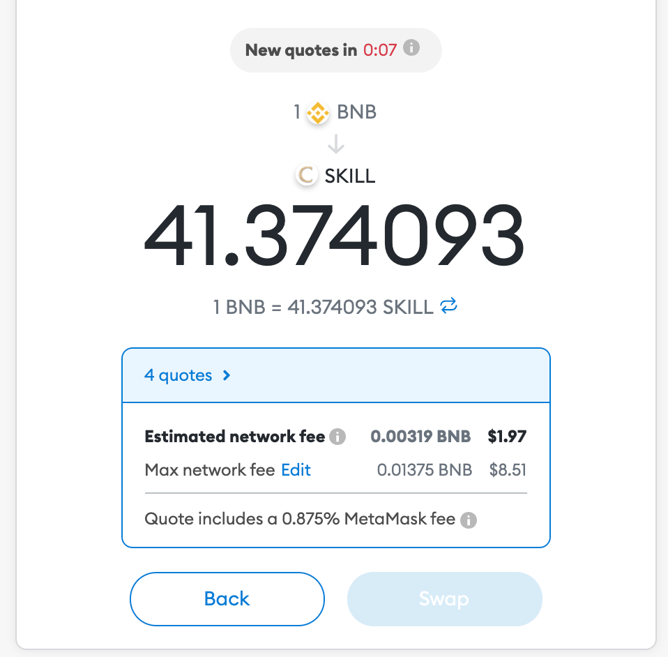 metamask convert bnb to skill