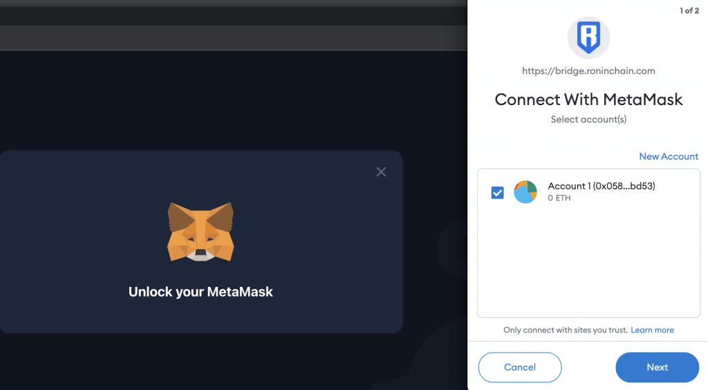 ronin bridge connect with metamask