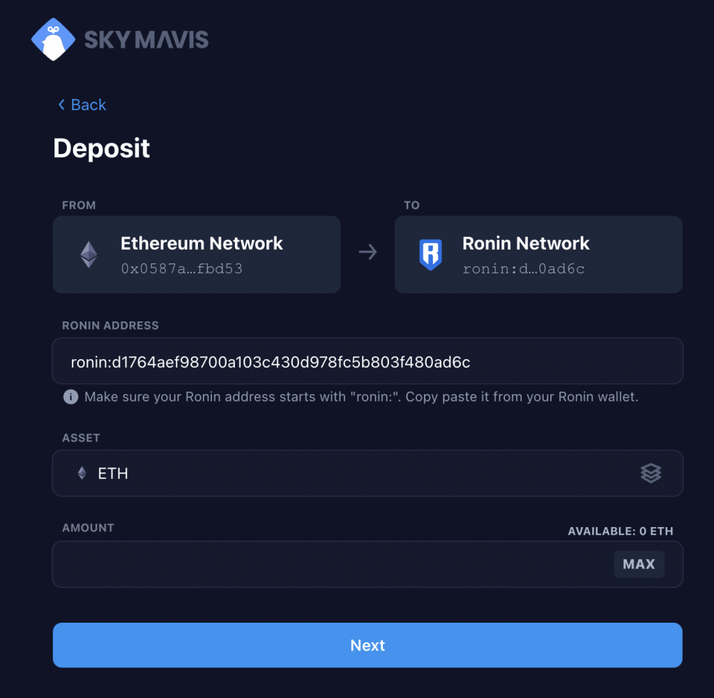 ronin bridge deposit page