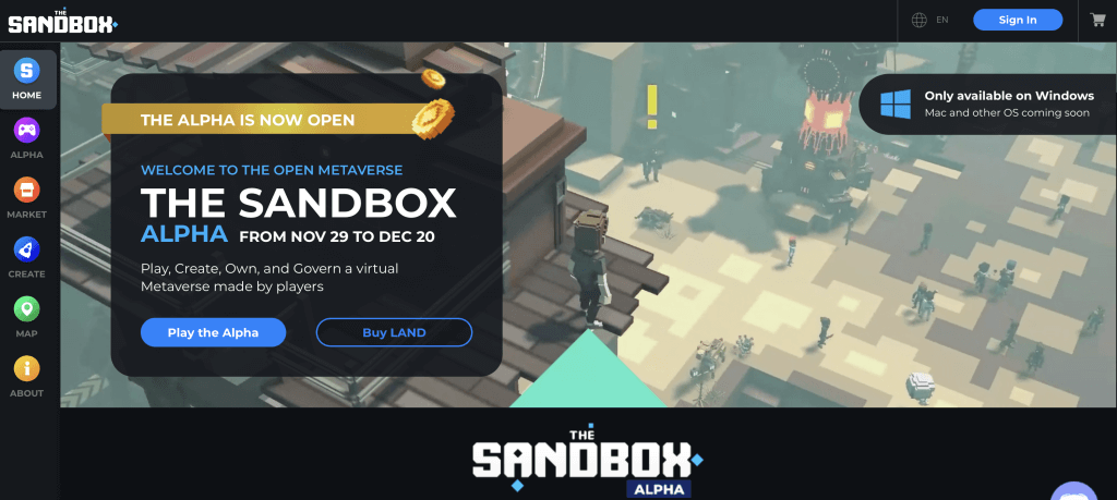 the sandbox crypto game home page